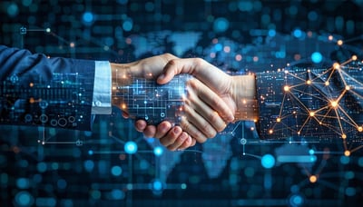 Two people shaking hands with technical imagery overlaid.