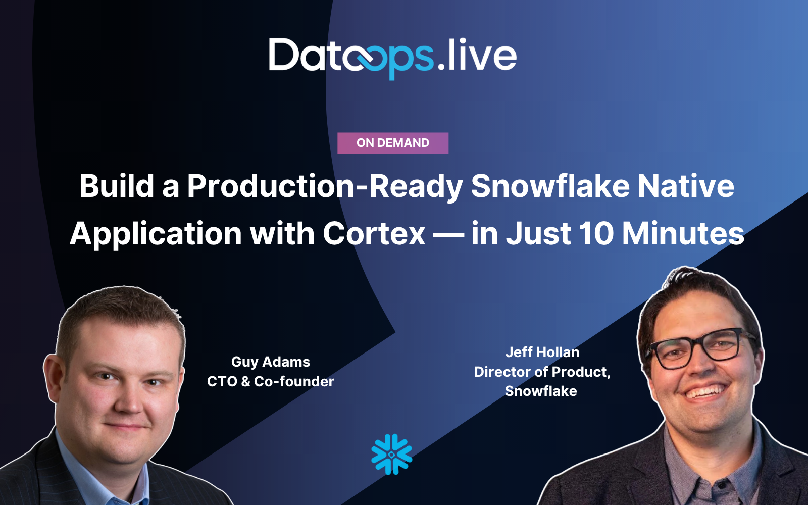 Promotional graphic from DataOps.live advertising an on-demand session titled “Build a Production-Ready Snowflake Native Application with Cortex — in Just 10 Minutes.” The design features a dark blue abstract background with two speaker headshots: Guy Adams, CTO & Co-founder (left), and Jeff Hollan, Director of Product at Snowflake (right). The DataOps.live logo appears at the top, with a Snowflake icon centered near the bottom.