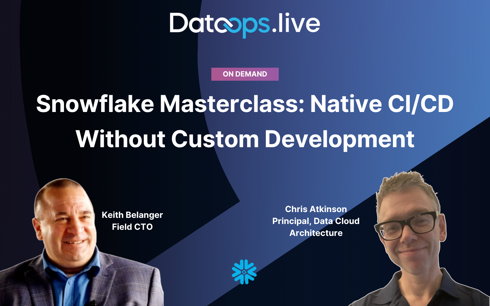 Promotional graphic from DataOps.live for an on-demand session titled “Snowflake Masterclass: Native CI/CD Without Custom Development.” The design features a dark blue abstract background with two speaker headshots: Keith Belanger, Field CTO (left), and Chris Atkinson, Principal, Data Cloud Architecture (right). The DataOps.live logo appears at the top, with a Snowflake icon near the bottom center.