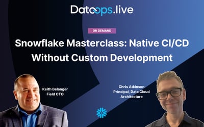 Promotional graphic from DataOps.live for an on-demand session titled “Snowflake Masterclass: Native CI/CD Without Custom Development.” The design features a dark blue abstract background with two speaker headshots: Keith Belanger, Field CTO (left), and Chris Atkinson, Principal, Data Cloud Architecture (right). The DataOps.live logo appears at the top, with a Snowflake icon near the bottom center.