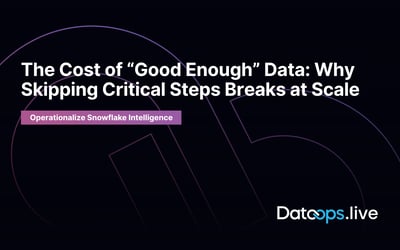 A dark-themed presentation slide with large white text reading, “The Cost of ‘Good Enough’ Data: Why Skipping Critical Steps Breaks at Scale.” Below it, a purple banner says “Operationalize Snowflake Intelligence.” The background features abstract curved line graphics, and the Datops.live logo appears in the bottom right corner.