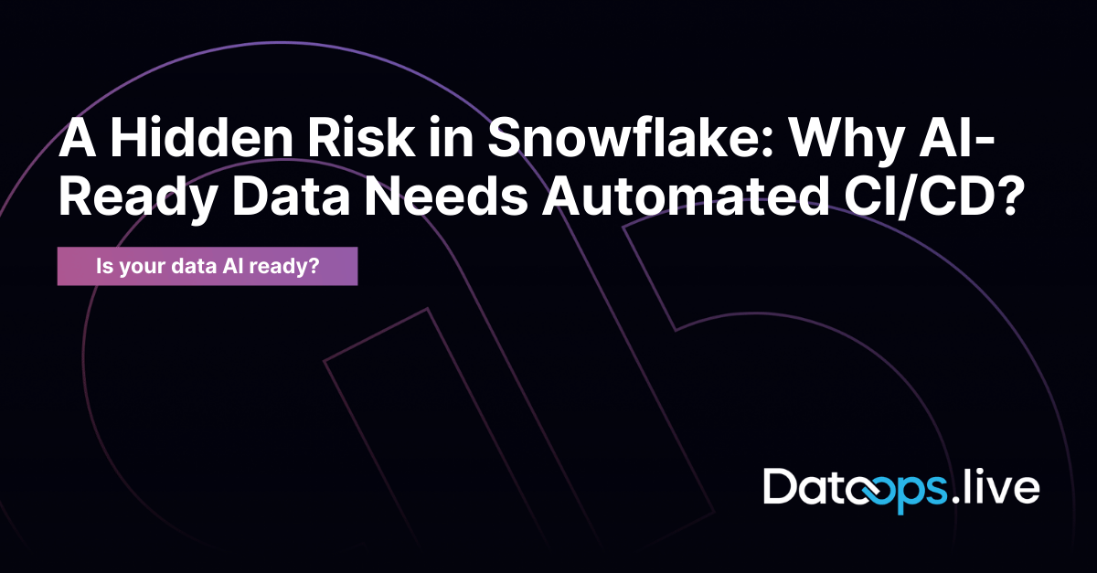Dark-themed promotional graphic with the headline ‘A Hidden Risk in Snowflake: Why AI-Ready Data Needs Automated CI/CD?’ A purple callout reads ‘Is your data AI ready?’ Abstract curved shapes appear in the background, and the DataOps.live logo is shown in the bottom-right corner.