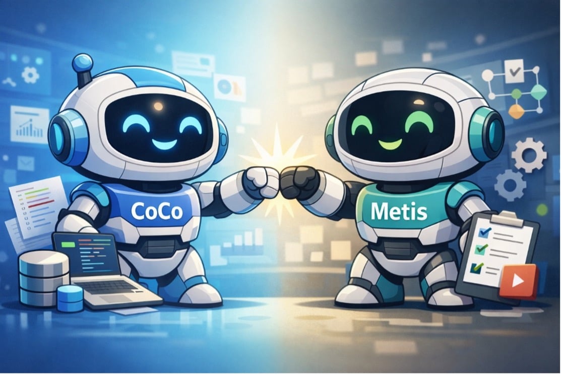 coco-metis-fist-bump: Illustration of two friendly robots labeled “CoCo” and “Metis” bumping fists in a tech workspace. CoCo stands beside a laptop and database icons, while Metis holds a checklist clipboard, symbolizing collaboration between coding support and operational oversight.